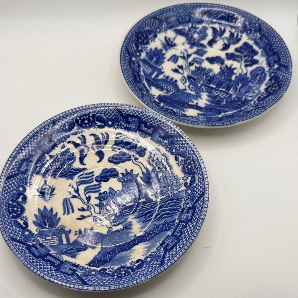 Blue Willow saucers (2) - Vintage Japan 6”